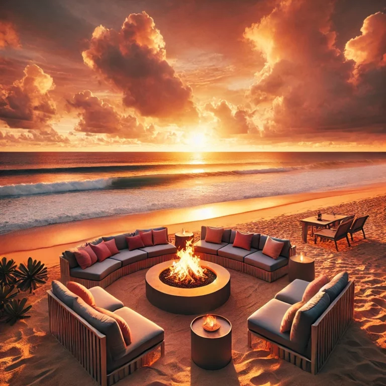 sunset on the beach with a firepit surrounded by seats