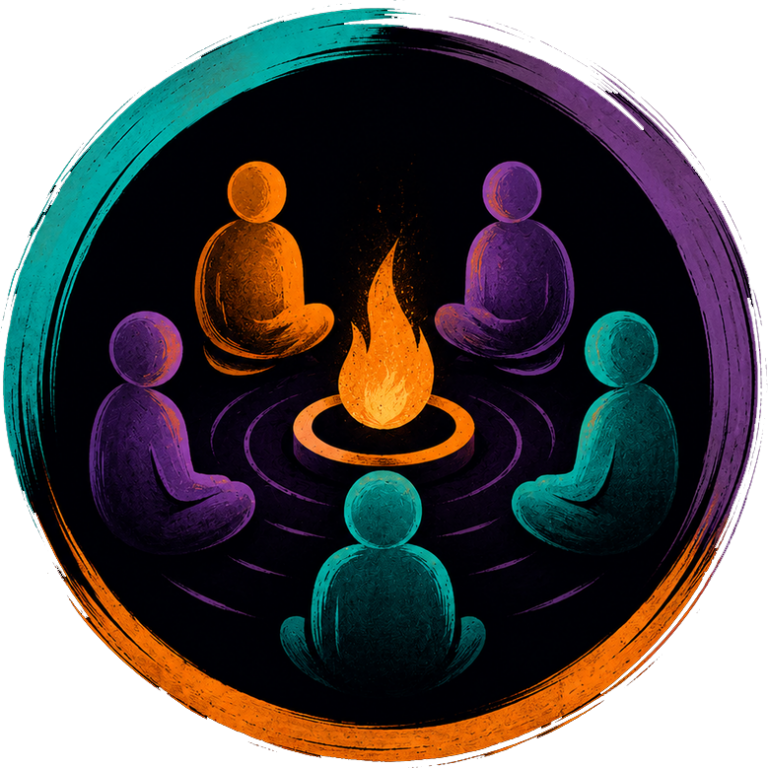 transformation circle with 5 people around a campfire
